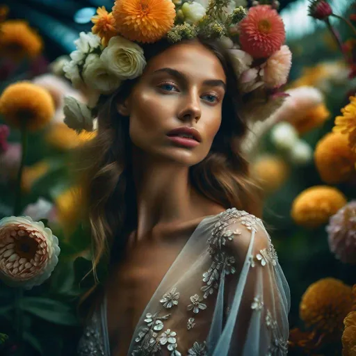 Prompt: Closeup, amazing quality, masterpiece, best quality, hyper detailed, ultra detailed, UHD, perfect anatomy, portrait, dof, hyper-realism, majestic, awesome, inspiring, portrait of a beautiful girl who is a fashion model surrounded of flowers from another planet, translucent plants, cinamatic composition, soft shadows, national geographic style
