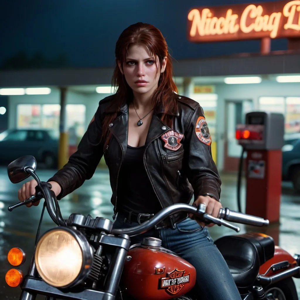 Prompt: claire redfield with a harley-davidson motorcycle in the gas station, rainy night , from 1985 film "night of the living dead", rain,  Professional photography, bokeh, cinematic lighting, canon lens, shot on dslr 64 megapixels sharp focus