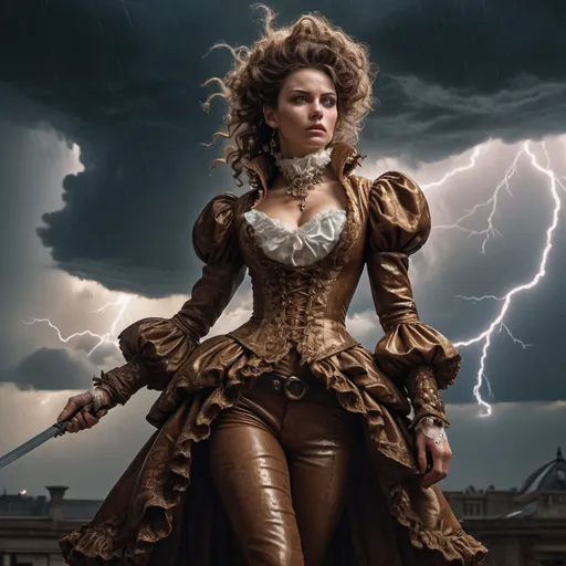 Prompt: Insanely Detailed Human Rogue rococo-Brown, Insanely detailed full body portrait photography of a majestic beautiful fierce , Action Pose, by Greg Rutkowski, WLOP, dynamic lighting, hyperdetailed, Intricately Detailed, Photorealism, Filmic, deep color, #film, 8K resolution, back lit, thunderstorm, tornadic"