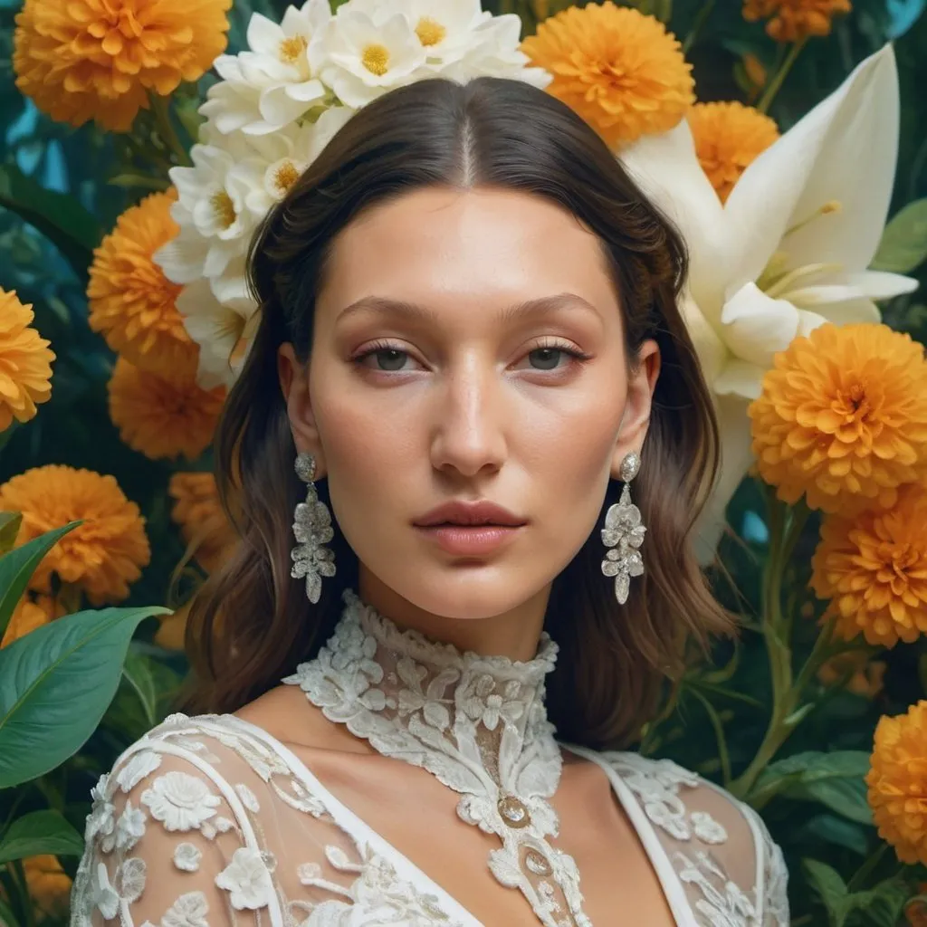 Prompt:  portrait of a beautiful  Bella Hadid who is a fashion model surrounded of flowers from another planet, translucent plants, Andrey Remnev, Bridget Bate Tichenor, rococo, god light, cinematic, 35mm, 8k, fantasy, many details, much lightful, dream-like, masterpiece, detailed face, fantasy art, majestic, elegant, ornate, appealing, hypermaximalist, paradise, award winning photography, no watermark, trending on artstation --v 5
