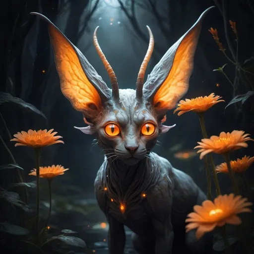 Prompt: The concept in the image portrays a mystical creature with large, luminescent, orange eyes and elongated ears that seem to be glowing. The creature is surrounded by an ethereal atmosphere with floating elements, and there are small orange flowers interspersed around it. The backdrop is a dark, swirling, and magical environment, emphasizing the otherworldly and enchanting nature of the creature. The image is compositionally balanced with the creature centered and slightly tilted to the viewer's left. The glowing eyes are a strong focal point, drawing attention immediately. The surrounding dark environment creates a contrast, making the creature and its glowing elements stand out more prominently. The small orange flowers scattered around the creature add an additional layer of depth and interest to the image. The image has a fantasy-inspired artistic style, characterized by its surreal and ethereal elements. The color palette is rich and moody, dominated by dark and floating elements create a sense of otherworldliness. The glowing eyes and luminescent ears of the creature

