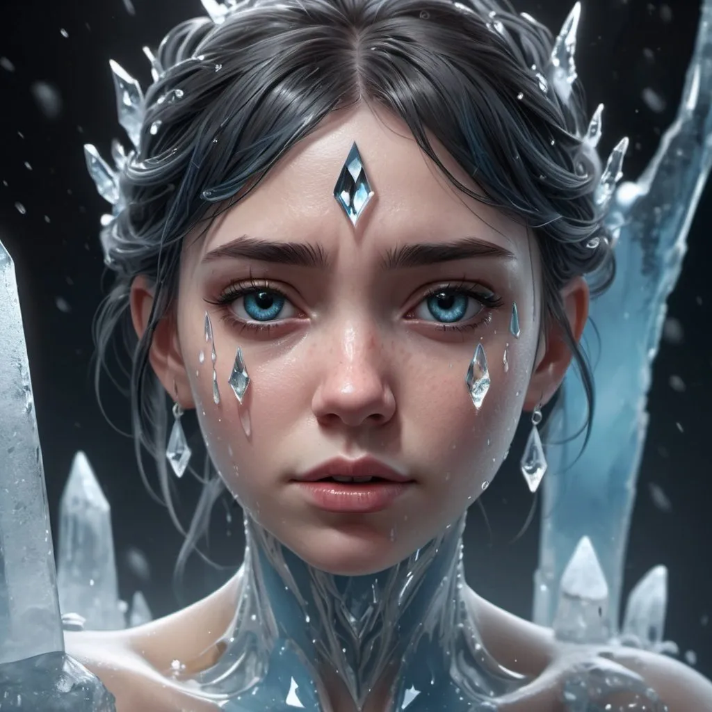 Prompt: Crystal girl made from ice crying sad full body portrait,  detailed matte painting, deep color, fantastical, intricate detail, splash screen, complementary colors, fantasy concept art, 8k resolution trending on Artstation Unreal Engine 5