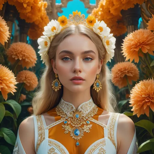 Prompt: portrait of a beautiful girl who is a fashion model surrounded of flowers from another planet, translucent plants, Andrey Remnev, Bridget Bate Tichenor, rococo, god light, cinematic, 35mm, 8k, fantasy, many details, much lightful, dream-like, masterpiece, detailed face, fantasy art, majestic, elegant, ornate, appealing, hypermaximalist, paradise, award winning photography, no watermark, trending on artstation --v 5