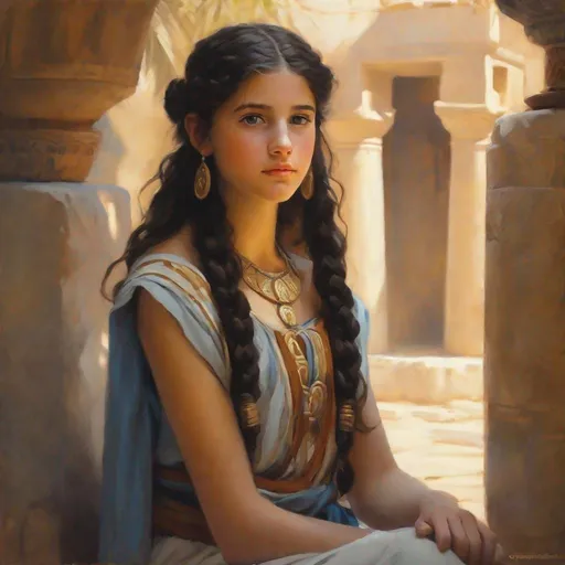 Prompt: A 13 years old Carthaginian girl, pale skin, freckles, black hair, pigtails, brown eyes, traditional Punic dress, Ancient Carthage, photorealistic, extremely detailed painting by Greg Rutkowski by Steve Henderson