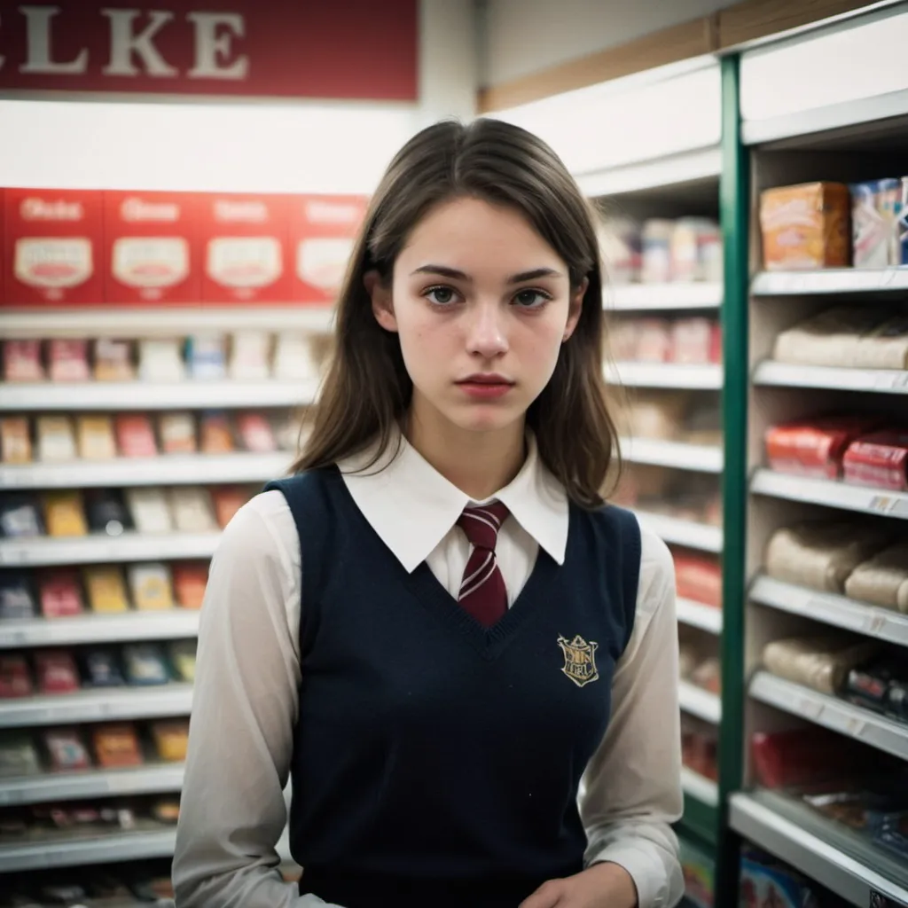 Prompt: candid photo of a young brunette woman taken at a convenience store during the night, low quality image, exhibiting a grainy texture, jpg artifacts, film grain, gritty, raw aesthetic Form-fitting, snug, close-fitting, constrictive, school attire, school uniform, Preppy, elite, well-dressed, polished, sophisticated, form-fitting shirt, stylish, prestigious, private school attire, layered, hosiery, affluent, knee-high socks, upscale, traditional, Alluring, captivating, enchanting, beguiling, enticing, magnetic, charming, mesmerizing, tantalizing

