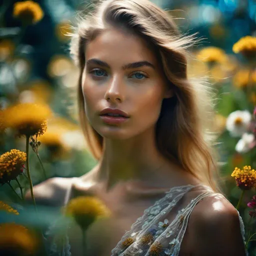 Prompt: Closeup, amazing quality, masterpiece, best quality, hyper detailed, ultra detailed, UHD, perfect anatomy, portrait, dof, hyper-realism, majestic, awesome, inspiring, portrait of a beautiful girl who is a fashion model surrounded of flowers from another planet, translucent plants, cinamatic composition, soft shadows, national geographic style
