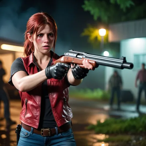 Prompt: claire redfield shooting with a shotgun at zombies, 80s horror zombies movie night, rain, Professional photography, bokeh, natural lighting, canon lens, shot on dslr 64 megapixels sharp focus