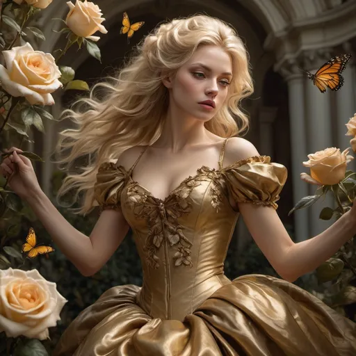Prompt: blonde-haired beauty wearing a golden dress in the gardin of roses, butterflys and bird on the funtin, Insanely Detailed Human Rogue rococo-Brown, Insanely detailed full body portrait photography of a majestic beautiful fierce , Action Pose, by Greg Rutkowski, WLOP, dynamic lighting, hyperdetailed, Intricately Detailed, Photorealism, Filmic, deep color, #film, 8K resolution, back lit"
