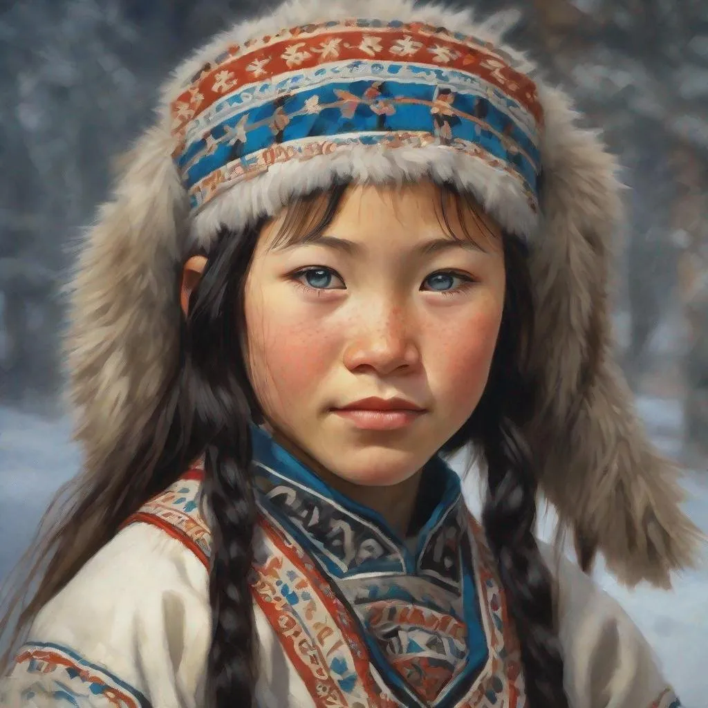 Prompt: A 13 years old Yakut girl, pale skin, freckles, black hair, pigtails, brown eyes, traditional Yakut dress, Yakutsk, photorealistic, extremely detailed painting by Greg Rutkowski by Steve Henderson