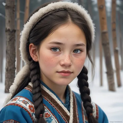 Prompt: A 13 years old Yakut girl, pale skin, freckles, black hair, pigtails, brown eyes, traditional Yakut dress, Yakutsk, photorealistic, extremely detailed painting by Greg Rutkowski by Steve Henderson