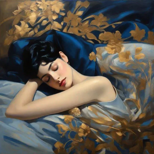 Prompt: painting of pretty modern noir sleeping female with short black hair, blue, gold, pretty pose, elegant, garden, dark, in the style of nostalgic paintings, electric dreamscape, 1990s, dreamy vignettes, magewave, childhood arcadias, masterpiece, breathtaking intricate details, high quality, fine art, john singer sargent