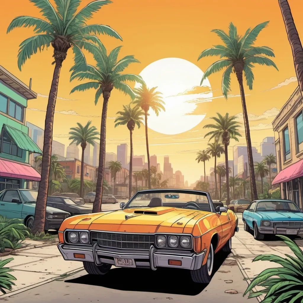 Prompt: savannah bond, palm trees bright sunny day, in the style of a Grand theft auto, loading screens, gta style artwork, highly detailed, celshading, digital painting style, dramatic composition, 21st century comic book cover, studio lighting, bold contour lines drawing

