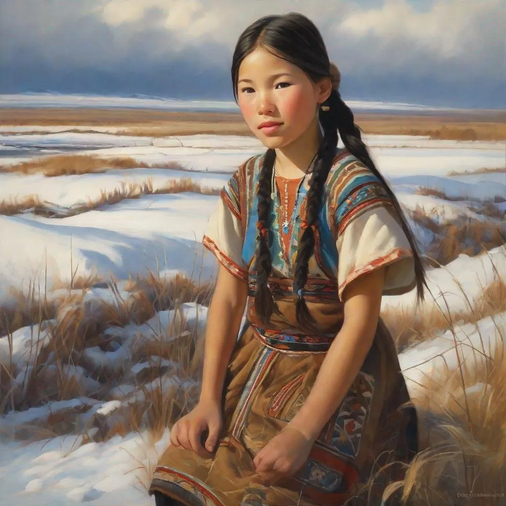 Prompt: A 13 years old Yakut girl, pale skin, freckles, black hair, pigtails, brown eyes, traditional Yakut dress, Yakutsk, photorealistic, extremely detailed painting by Greg Rutkowski by Steve Henderson