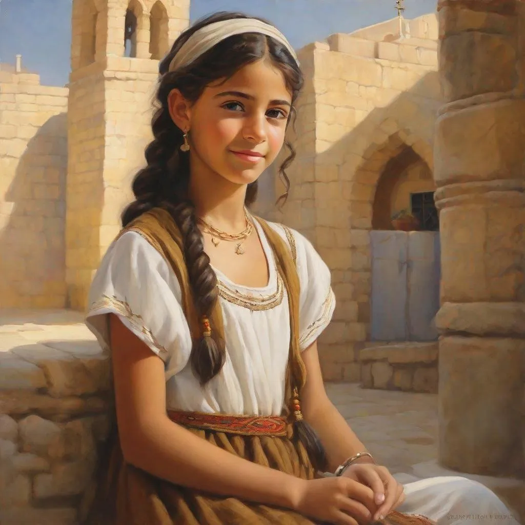 Prompt: A 13 years old Mizrahi Jewish girl, olive skin, freckles, black hair, pigtails, brown eyes, traditional Mizrahi dress, Old Jerusalem, photorealistic, extremely detailed painting by Greg Rutkowski by Steve Henderson