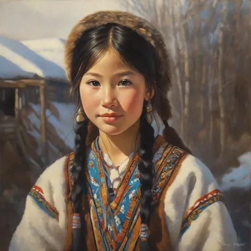 Prompt: A 13 years old Yakut girl, pale skin, freckles, black hair, pigtails, brown eyes, traditional Yakut dress, Yakutsk, photorealistic, extremely detailed painting by Greg Rutkowski by Steve Henderson