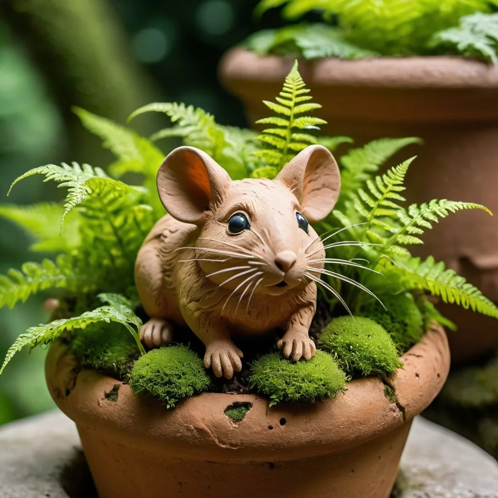 Prompt: Closeup, amazing quality, masterpiece, best quality, hyper detailed, ultra detailed, UHD, perfect anatomy, portrait, dof, hyper-realism, majestic, awesome, inspiring, an old eroded weathered sandstone terracotta flowerpot planted with forest soil, green and overgrown, moss, fern, ivy, with a small fluffy mouse in it, cinamatic composition, soft shadows, national geographic style
