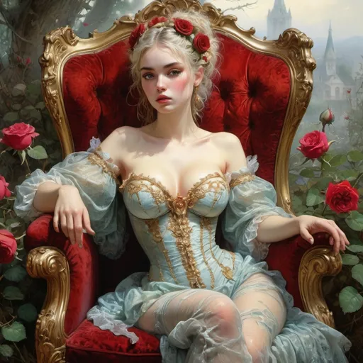 Prompt: fairytale, meadow, beautiful girl in Rococo-gold, (perfect face), gros seins, (high detailed) in the chair of red roses with seins of figs fruit by Jean-Léon Gérôme, Arthur Rackham style, by Carne_Griffiths, Jean Baptiste Monge, Michael Garmash, David LaChapelle, Olivia Bee, Herman, anime style, beautiful colorful detailed complex, ethereal fantasy hyperdetailed mist Thomas Kinkade