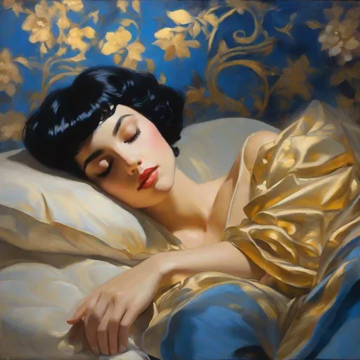 Prompt: painting of pretty modern noir sleeping female with short black hair, blue, gold, pretty pose, elegant, garden, dark, in the style of nostalgic paintings, electric dreamscape, 1990s, dreamy vignettes, magewave, childhood arcadias, masterpiece, breathtaking intricate details, high quality, fine art, john singer sargent