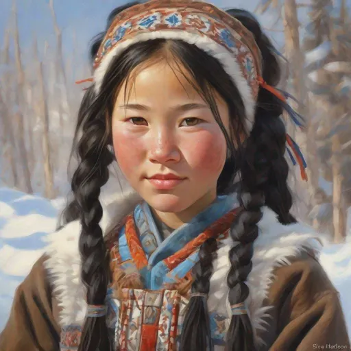 Prompt: A 13 years old Yakut girl, pale skin, freckles, black hair, pigtails, brown eyes, traditional Yakut dress, Yakutsk, photorealistic, extremely detailed painting by Steve Henderson