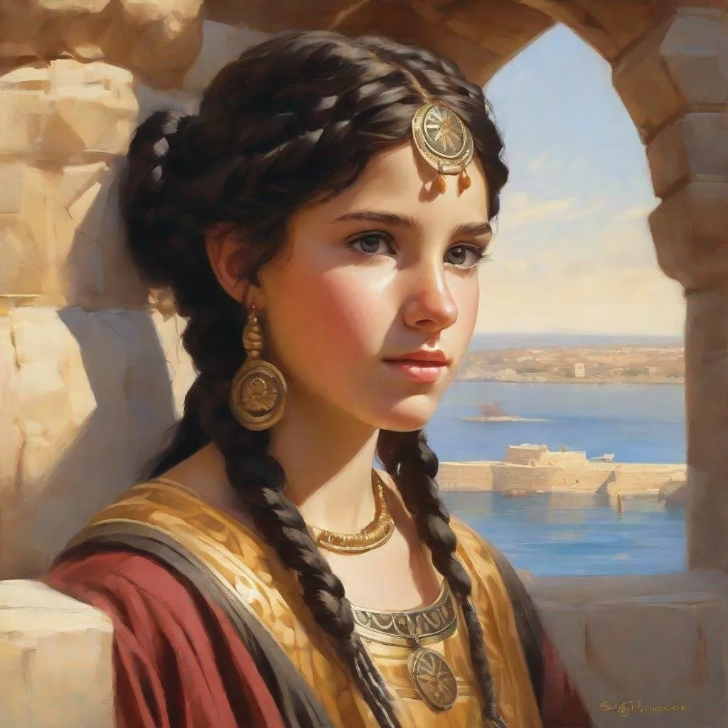 Prompt: A 13 years old Carthaginian girl, pale skin, freckles, black hair, pigtails, brown eyes, traditional Punic dress, Ancient Carthage, photorealistic, extremely detailed painting by Greg Rutkowski by Steve Henderson