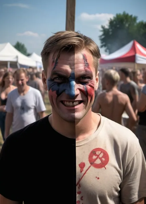 Prompt: Man in the ten camp in poland on festival. There are two sides of the photo, on one side he is happy, on the oher he is mad, like harvey dent. Photorealistic