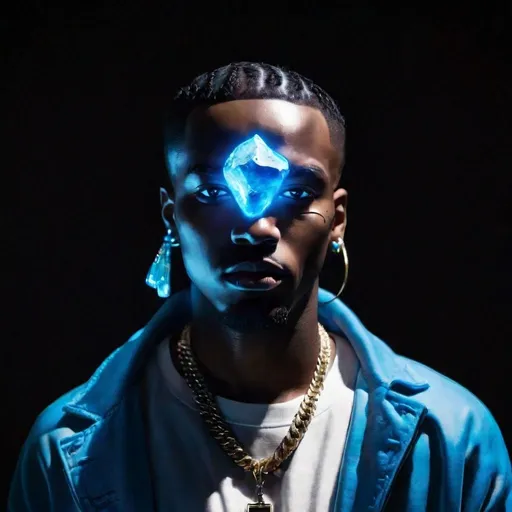 Prompt: A glowing blue stone in a rappers forehead