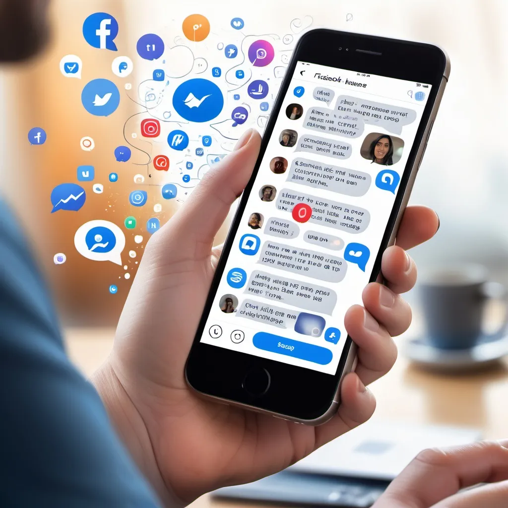 Prompt: A dynamic illustration showing a person holding a smartphone, with the Facebook Messenger Business and Instagram Direct Message apps open. The screen is filled with numerous unread message bubbles, each coming from different clients. The messages contain unread text, represented as blurred or scribbled lines, showing the influx of communications waiting for a response. Both the Facebook and Instagram logos are visible, with message notifications indicating unread messages. The person looks overwhelmed with the large number of incoming messages. The scene is busy, with social media icons and notifications surrounding the phone, all set against a pure white background, emphasizing clarity and drawing attention to the chaotic flow of unread messages from both platforms.