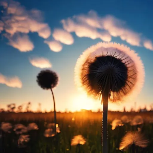 Prompt: A big dandelion in the middle of the game city with blue sky and white clouds where the sun is setting behind the dandelion and the image is like a picture.