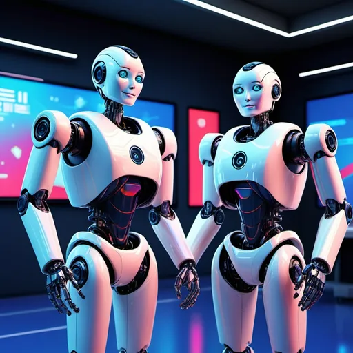 Prompt: (vibrant color scheme), dynamic advertising style, (robots) engaging in a presidential election, showcasing A.I. technology, futuristic setting, eye-catching design elements, lively atmosphere, modern political themes, detailed robotic features, bright and striking visuals, captivating backgrounds, high-quality 4K image, professional and polished look.