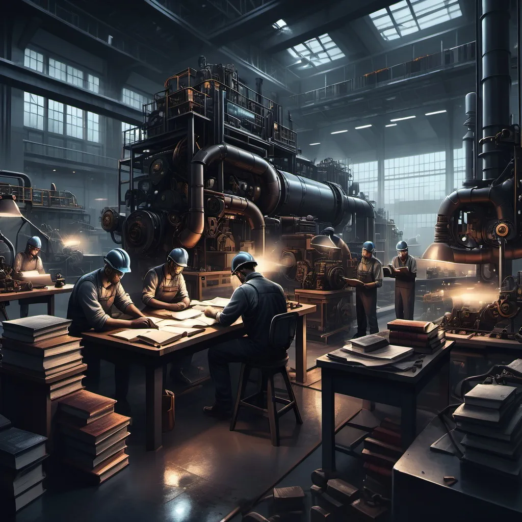 Prompt: game-strategy illustration, dark color scheme, (dramatic lighting), workers in an industrial plant, engaged in mental work, displaying (dedication and focus), surrounded by books and tools, complex machinery in the background, atmospheric depth, moody ambiance, (highly detailed), (4K) resolution, immersive composition highlighting the labor force theme.