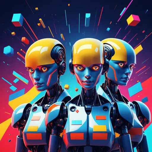 Prompt: (ads-advertising style), (vibrant color scheme), futuristic robots, presidential election theme, A.I. elements, dynamic composition, eye-catching visuals, high energy atmosphere, catchy slogans, bold typography, striking graphics, modern aesthetic, bright primary colors, impactful imagery, ultra-detailed design, engaging promotion.