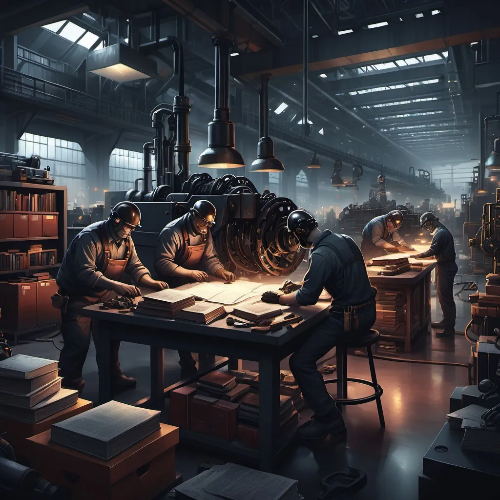 Prompt: game-strategy illustration, dark color scheme, (dramatic lighting), workers in an industrial plant, engaged in mental work, displaying (dedication and focus), surrounded by books and tools, complex machinery in the background, atmospheric depth, moody ambiance, (highly detailed), (4K) resolution, immersive composition highlighting the labor force theme.