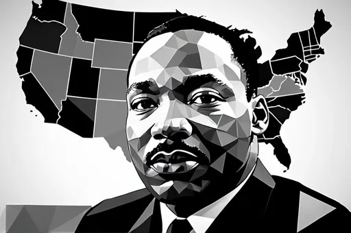 Prompt: image of face of martin luther king jr with a map of the united states in the background, in a black and white low poly style.