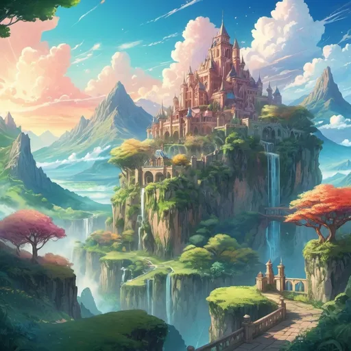 Prompt: Anime style illustration of a breathtaking (fantasy landscape) outside a (majestic kingdom), vibrant colors, soft lighting, detailed architecture, lush greenery, whimsical atmosphere, expressive skies, distant mountains, enchanting elements, high detail, dynamic composition, artistic fantasy themes, captivating visuals, inviting scene.