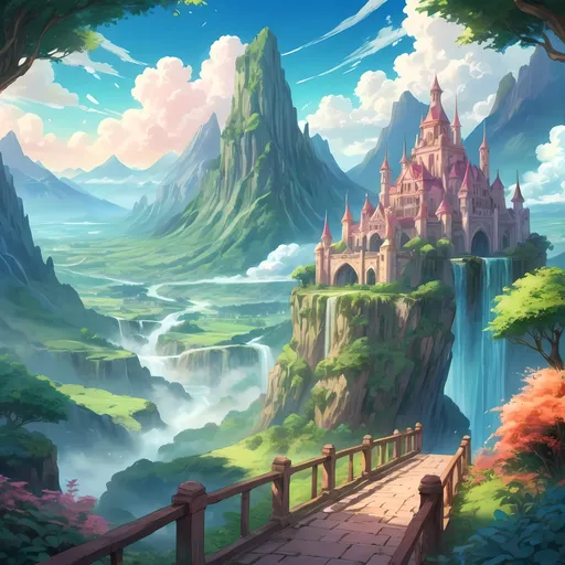 Prompt: Anime style illustration of a breathtaking (fantasy landscape) outside a (majestic kingdom), vibrant colors, soft lighting, detailed architecture, lush greenery, whimsical atmosphere, expressive skies, distant mountains, enchanting elements, high detail, dynamic composition, artistic fantasy themes, captivating visuals, inviting scene.