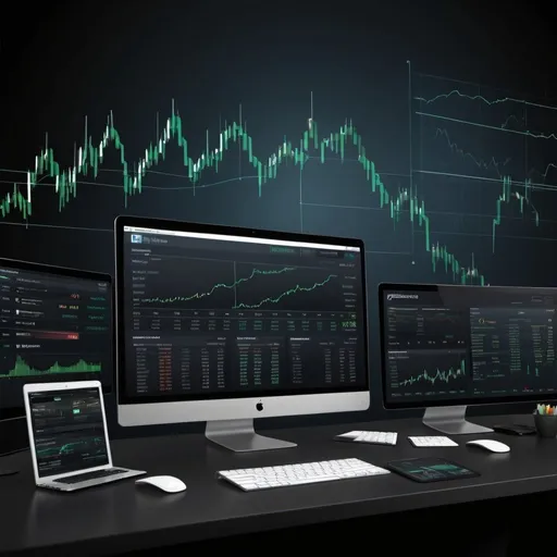 Prompt: create a modern background for desktop.  Dark colours with finance and trading themes
