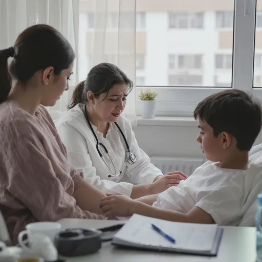 Prompt: A mother and son sitting in a doctor room. Mother's face is shocked to know a dreadful disease that her son has been diagonised

