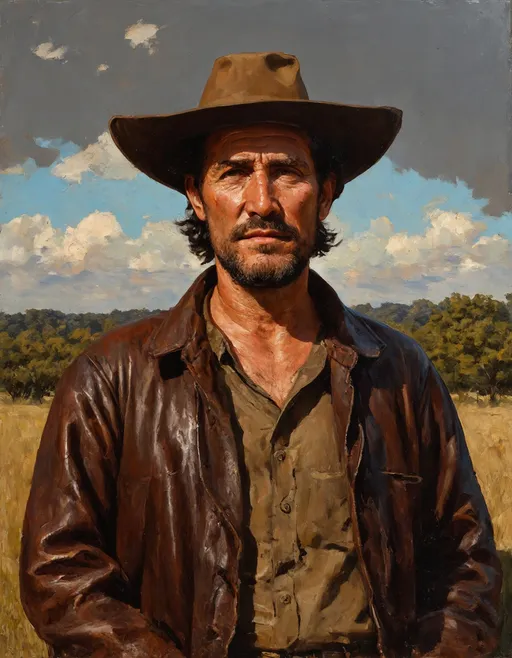 Prompt: Lifelike oil painting portrait, mixed heritage man (half Aboriginal, half European), 19th-century Australian colonial setting, 35 years old, weathered face, warm dark complexion, visible scars, short wavy hair, short beard, deep melancholic eyes, rugged clothing (leather jacket, cotton shirt, hat), Australian bushland at sunset, warm earthy colors, dramatic sky, classical detailed painting style, rich deep colors and textures.