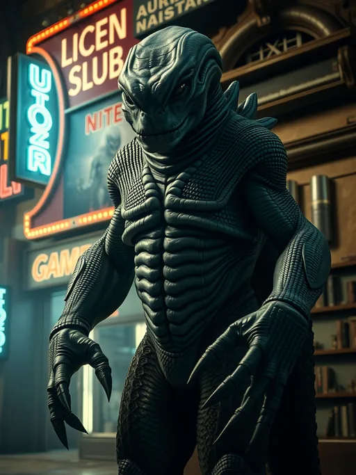 Prompt: Cinematic photograph of a massive, reptilian alien with tough, scaled skin and a thick, muscular build. His species has sharp, bony ridges along their forearms and a tail coiled around his waist. His eyes are slitted and glow faintly in the dark, adding to his intimidating presence. He stands at the entrance of a gritty, neon-lit nightclub, his scales reflecting the flickering lights. His expression is stern, and his posture is one of readiness, prepared to handle any trouble. Surreal and atmospheric with stark contrast, deep shadows, and muted yet rich sepia and blue tones. Wide-angle lenses and slow zooms create a sense of scale and distortion. The focus on vast, desolate landscapes and intricate set designs heightens the eerie, dreamlike quality and otherworldly grandeur, enhanced by tactile film grain and practical effects.