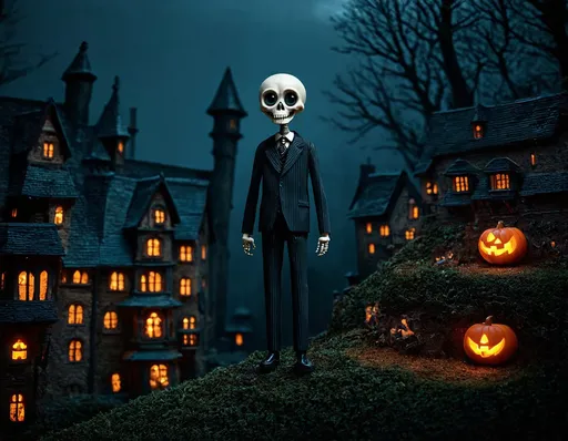 Prompt: Screenshot from a dark fantasy stop-motion animated film. Gothic Victorian town with Halloween and Christmas elements merged. Tall, skeletal protagonist with big eyes and a pinstripe suit stands on a spiral hill. Hyper-detailed puppets, intricate set designs, and rich textures. Eerie yet whimsical atmosphere. Blend of handcrafted charm and modern cinematic lighting.