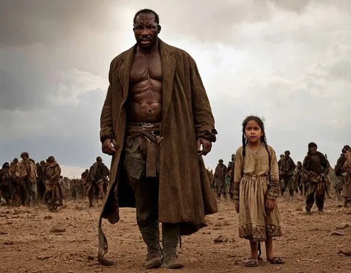 Prompt: Wild West, early 19th century, tall muscular Black man with scars on hands and head, rugged clothes, long coat, determined expression, rescuing a young Native American girl with traditional attire, scared but hopeful, group of hostile figures in background, barren rocky landscape, dramatic cloudy sky with sun breaking through