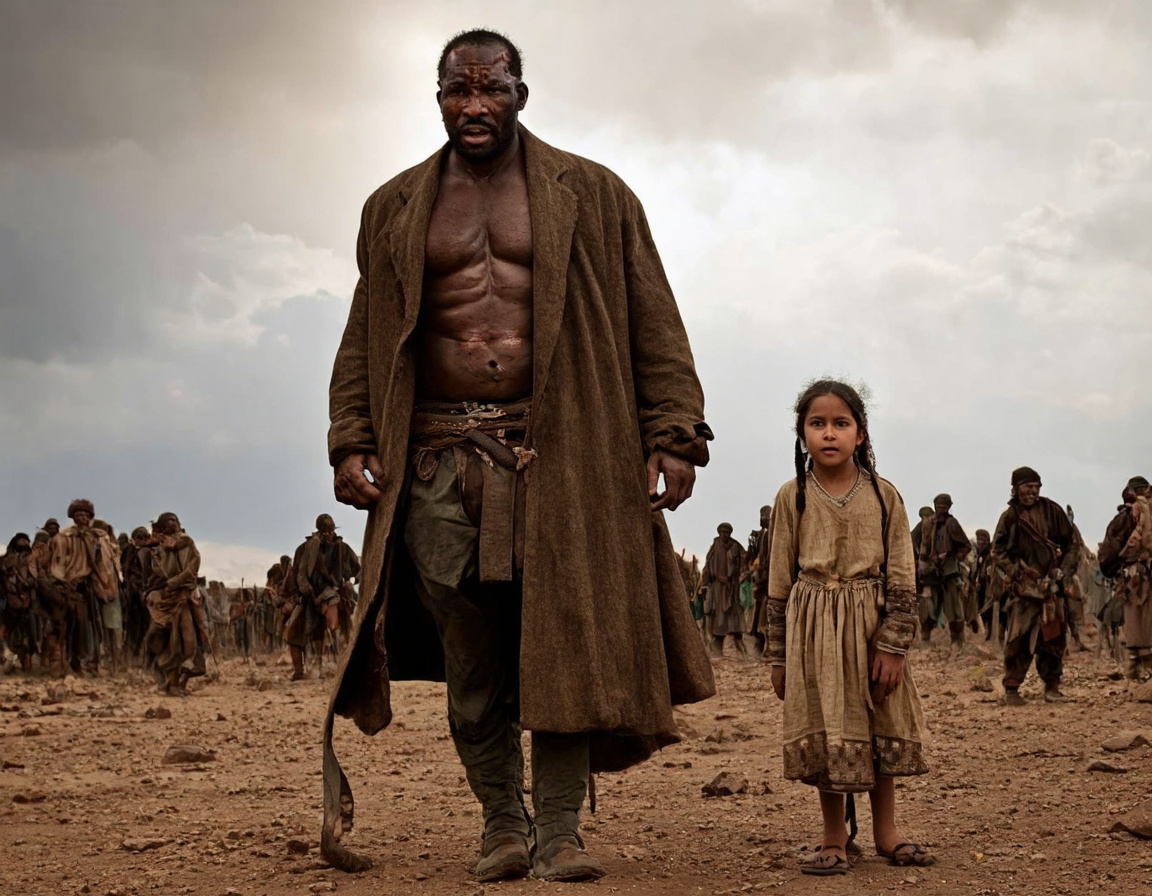 Prompt: Wild West, early 19th century, tall muscular Black man with scars on hands and head, rugged clothes, long coat, determined expression, rescuing a young Native American girl with traditional attire, scared but hopeful, group of hostile figures in background, barren rocky landscape, dramatic cloudy sky with sun breaking through