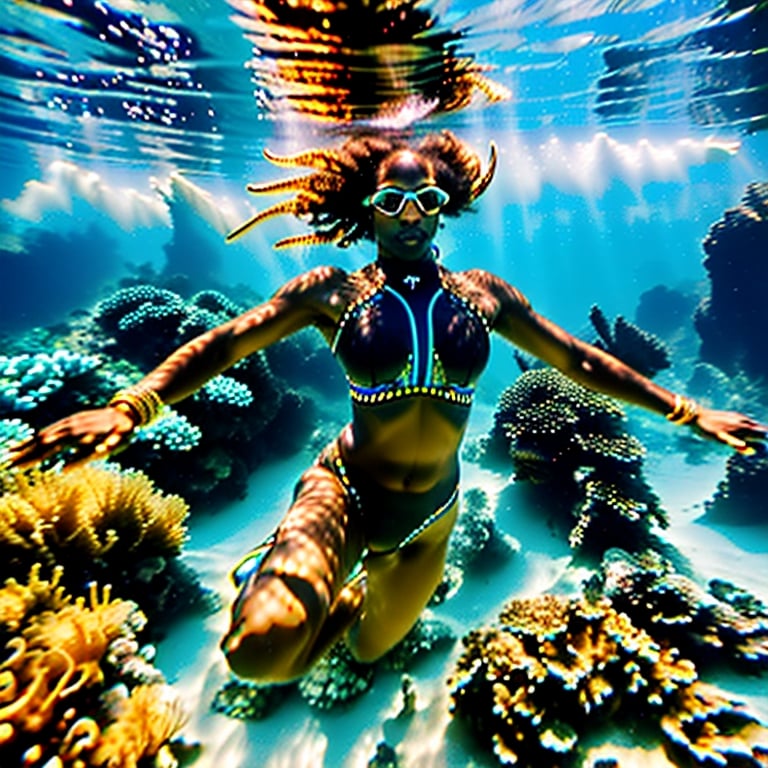 Prompt: (Hyperrealistic highly detailed underwater wide shot photography of ebonian diver swimming underwater)
Beautiful, tribal, athletic, tropical sea, freediving golden jewelry