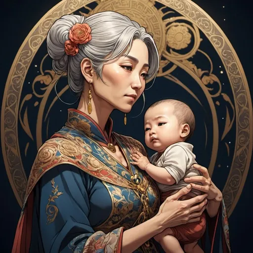 Prompt: tarot card Anime illustration, The Mother, an old asian woman, profile, holding a baby, detailed ornate clothes, kind, dramatic lighting