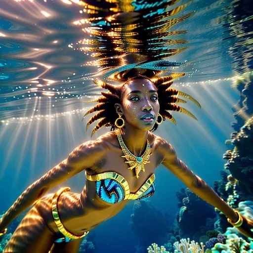 Prompt: (Hyperrealistic highly detailed underwater wide shot photography of ebonian diver swimming underwater)
Beautiful, tribal, athletic, tropical sea, freediving golden jewelry