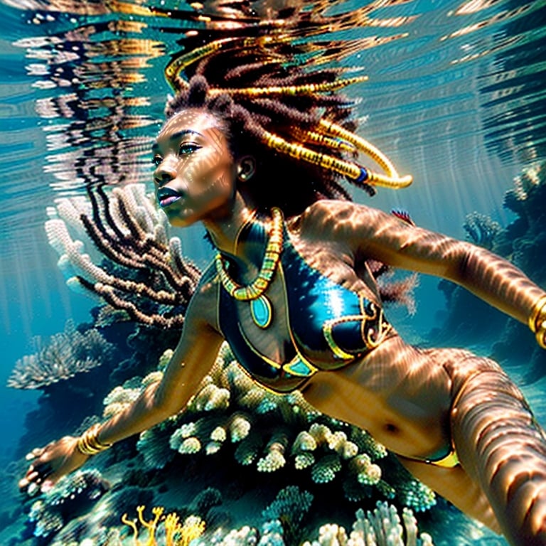 Prompt: (Hyperrealistic highly detailed underwater wide shot photography of ebonian diver swimming underwater)
Beautiful, tribal, athletic, tropical sea, freediving golden jewelry