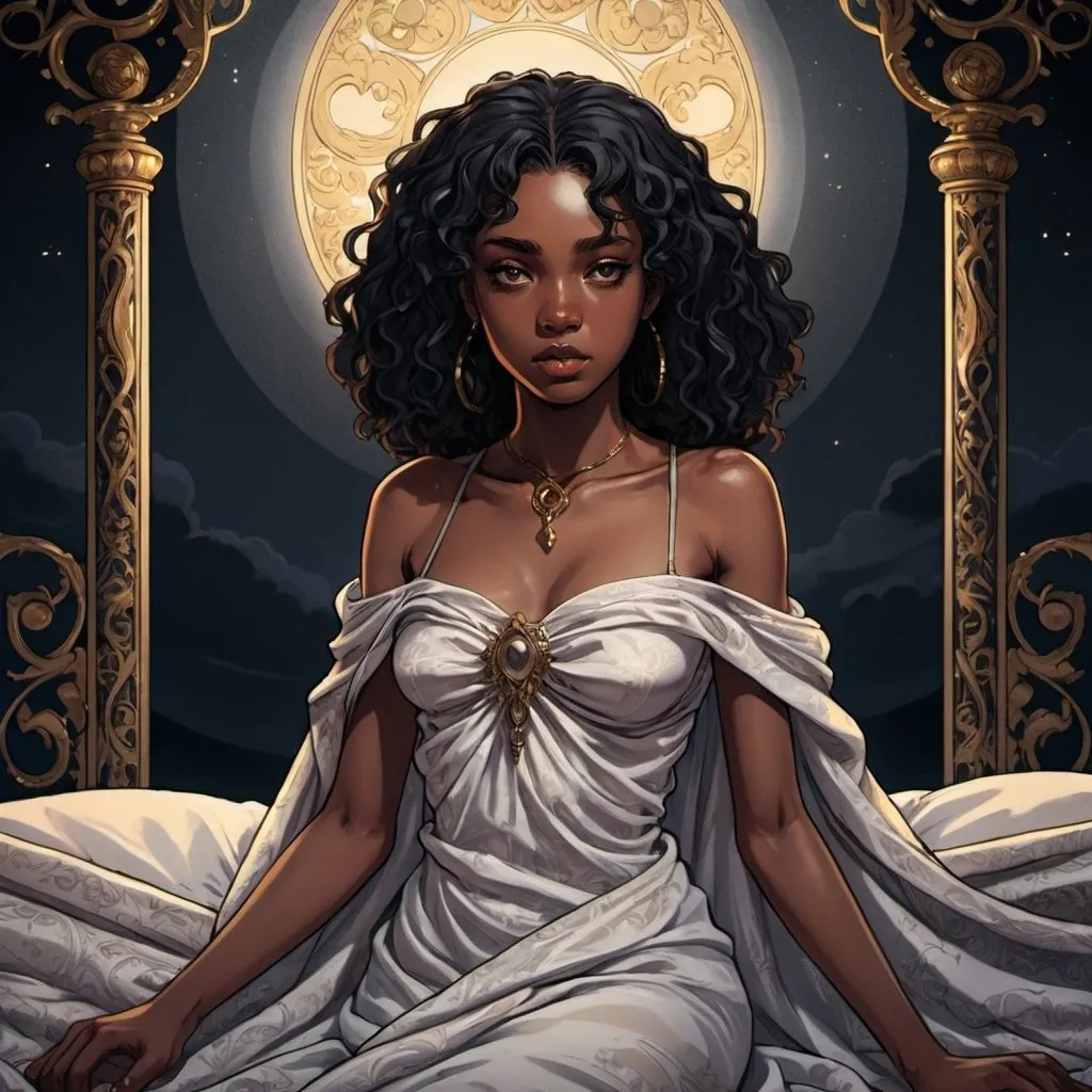 Prompt: tarot card Anime illustration, The Lover, an ebonian young woman, clothed with bedsheets only, detailed ornate bedsheets, dramatic lighting
