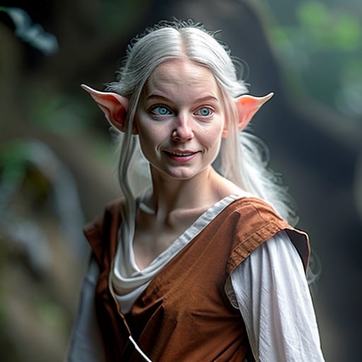 Prompt: This elf moves gracefully. She is small for an elf. Her white hair are long but artfully tied in a way that don't let them get in the way and remind you of vines and flowers.
She wears simple but elegant white and green clothes that are worned out. She carry a polished and artfully carved walking stick made of white oak. She often sings or whistles for herself. She is a young and beautiful monk.
DnD realistic full body portrait. Movie.