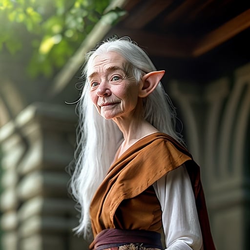 Prompt: This elf moves gracefully. She is small for an elf. Her white hair are long but artfully tied in a way that don't let them get in the way and remind you of vines and flowers.
She wears simple but elegant white and green clothes that are worned out. She carry a polished and artfully carved walking stick made of white oak. She often sings or whistles for herself. She is a young and beautiful monk.
DnD realistic full body portrait. Movie.