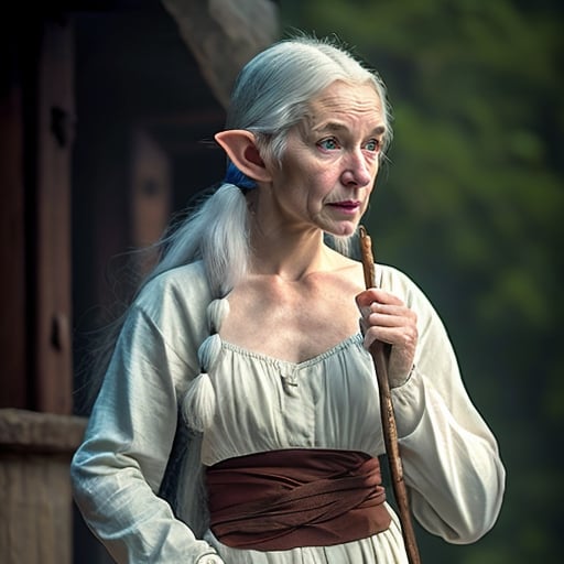 Prompt: This elf moves gracefully. She is small for an elf. Her white hair are long but artfully tied in a way that don't let them get in the way and remind you of vines and flowers.
She wears simple but elegant white and green clothes that are worned out. She carry a polished and artfully carved walking stick made of white oak. She often sings or whistles for herself. She is a young and beautiful monk.
DnD realistic full body portrait. Movie.